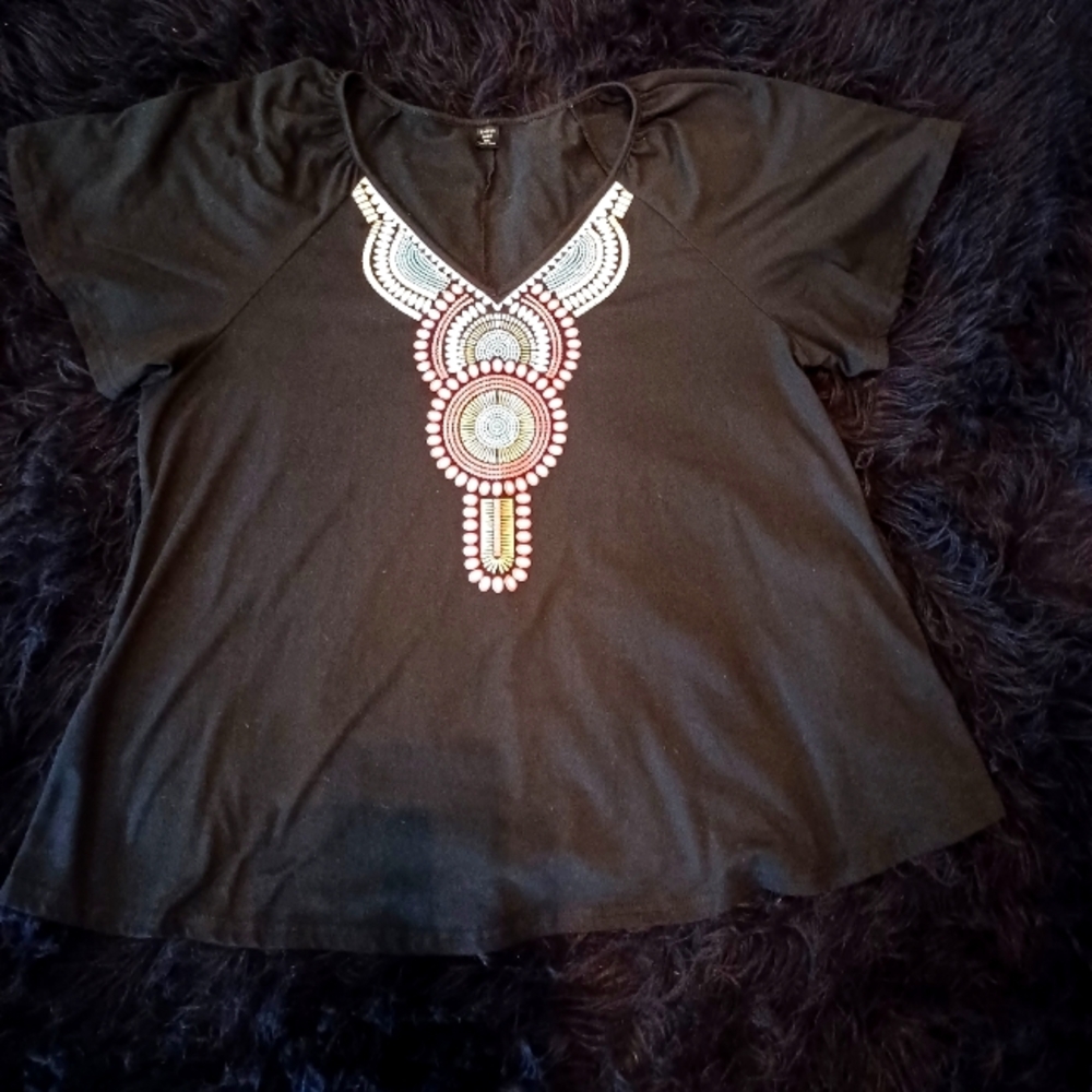 Black Flowy Top With Native Design
